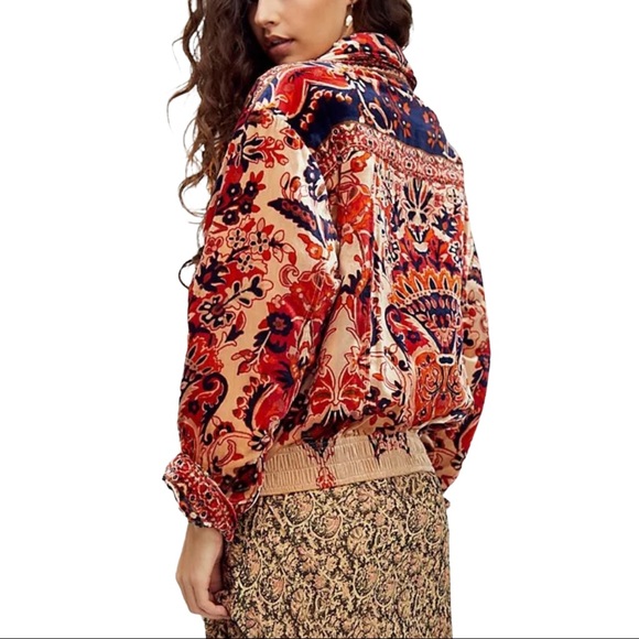 Free People Bailey Velvet Moto Sm Blue Red Floral Jacket Coat - Picture 5 of 6